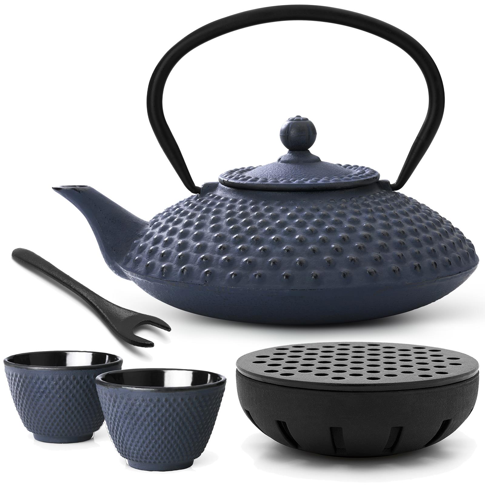 blaue asiatische Teekanne Set 1.25 L Gusseisen Teewärmer 2 Teebecher