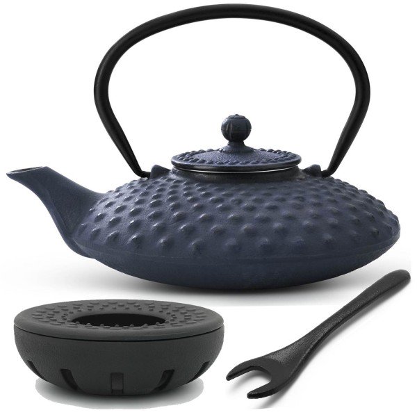 blaues asiatisches Teekannen Set Gusseisen Xilin & Teewärmer & Deckelheber 0,8 Liter