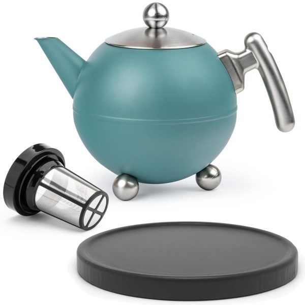 Bredemeijer doppelwandige Teekanne 1,2 Liter Edelstahl türkis inkl. Teefilter-Aufsatz & Holz-Untersetzer schwarz