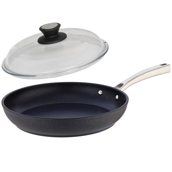 SKK Flachrand-Pfanne Ø 24 cm Antihaft Bratpfanne Induktion mit Edelstahl-Griff Deckel Vollglas