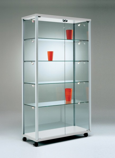 breite beleuchtete Ausstellungs-Vitrine Glas Alu abschließbar 100 cm mit Glasrückwand / auf Rollen