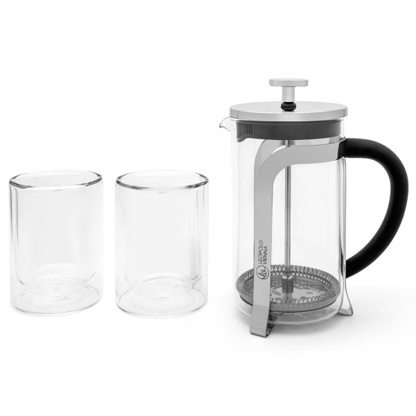 Leopold Vienna 3-tlg. Glas Kaffeebreiter für 5 Tassen Kaffee inkl. 2 Kaffeegläsern