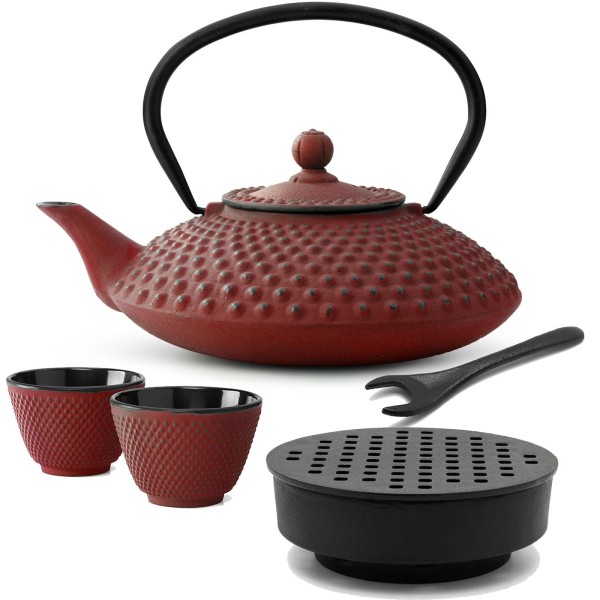 Bredemeijer rotes Asia Gusseisen Teekannen Set 1.25 Liter - Teebereiter mit Deckelheber & Stövchen & Teebecher