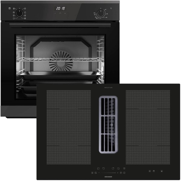 Oranier autarkes Einbaubackofen Set & 80 cm Flächen-Induktion Kochfeld KFA590 mit Dunstabzug EBS420 Knebel versenkbar, Soft Close