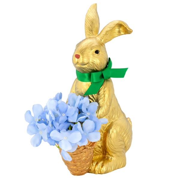 Osterhase Dekofigur 32.5 cm Kunststein goldfarben Hase mit Blumen-Körbchen & grüner Schleife - Art.-Nr. 6562
