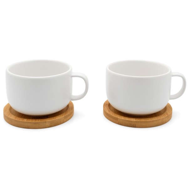 Bredemeijer 2-teilige weiße Keramik Teetassen mit Henkel & Holz-Untersetzer