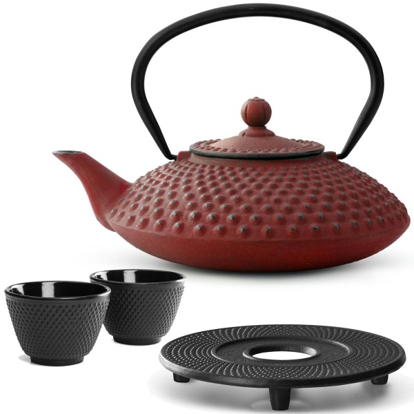 Bredemeijer Guss Teekanne 1250 ml rot Teekannen Set mit Gusseisen Untersetzer & 2 Teebecher