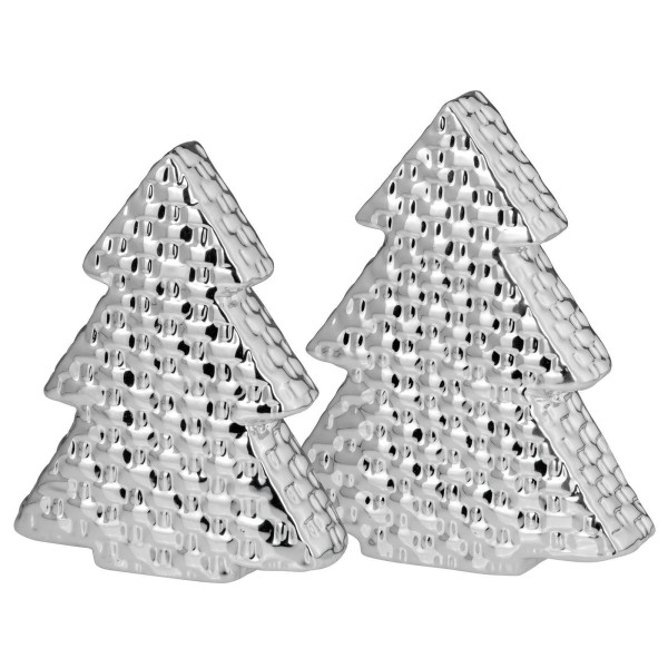 Deko Tannenbaum Set 20 & 16,5 cm aus Porzellan silberne Weihnachtsbäume in Glanz-Optik