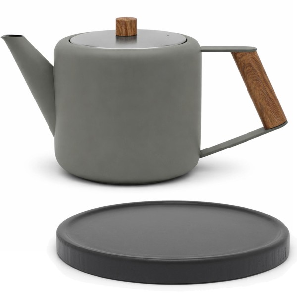 Bredemeijer doppelwandige Edelstahl Teekanne 1,1 Liter schiefer-grau Griff Holzoptik & Holzuntersetzer schwarz