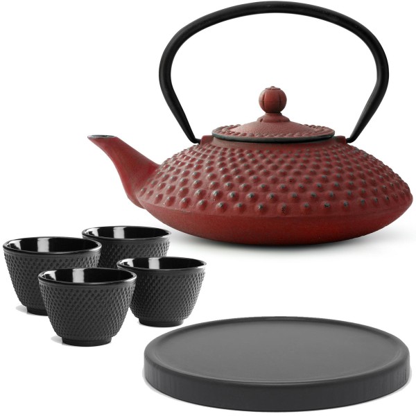 Bredemeijer Gusseisen Teekanne 1250 ml rot Teekannen Set mit Holz Untersetzer & 4 Teebecher