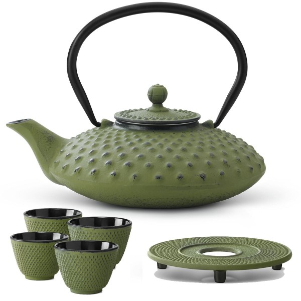 Teekanne Set Kessel Teekessel 0,8 Liter Kanne mit Untersetzer und 4 Becher grün