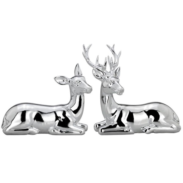 Deko Hirsch-Paar 14,5 cm liegend 2-teilig versilberte Tierfiguren aus Kunststein im Set