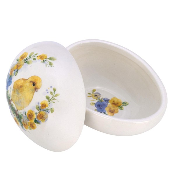 Deko Oster-Schale 13.2 x 9.8 cm mit Deckel Keramik weiß mit Blumen & Küken-Dekor zum Befüllen - Art.-Nr. 5482
