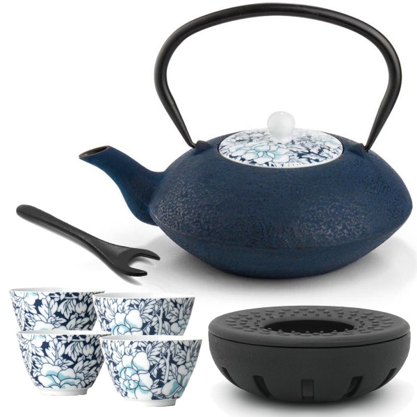Bredemeijer blaue asiatische gusseiserne Teekanne 1.2 L Teewärmer Deckelheber & Teebecher