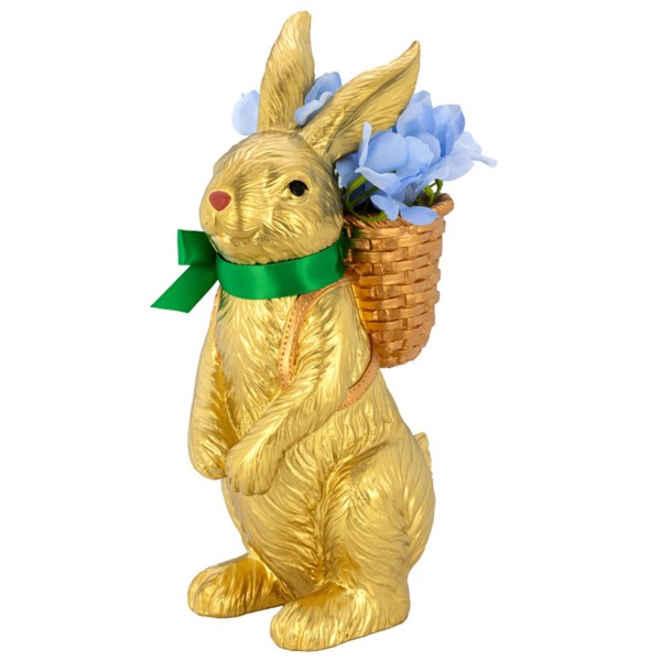 Hasen Dekofigur 32 cm Kunststein in Gold Osterhase mit Blumen-Rückenkorb & grüner Schleife - Art.-Nr. 6561