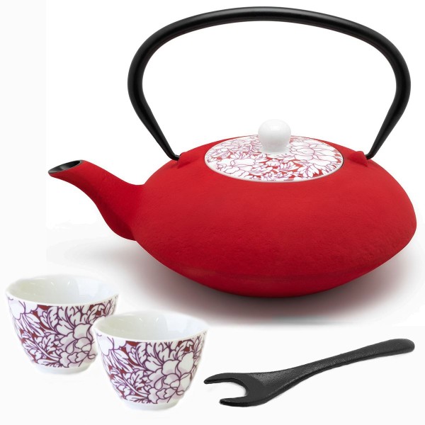 rote asiatische gusseiserne Teekanne 1.2 Liter mit Porzellan Teebechern & Deckelheber 2 Stück