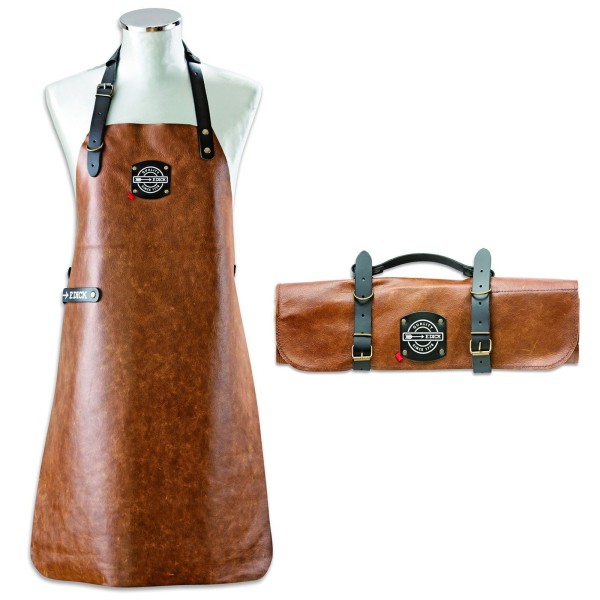 Dick braune Leder Grillschürze inkl. leere Messer Rolltasche 45 x 47 cm aus Leder