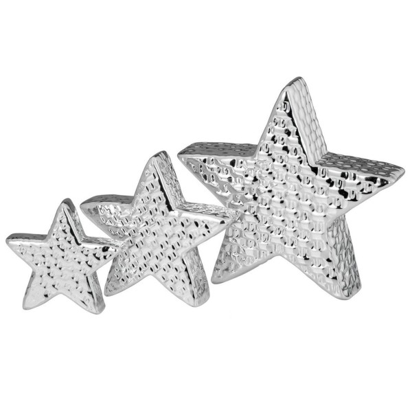 Deko Sternen Set ca. 16, 12 & 9 cm silberne Porzellan Dekofiguren in Sternform zum Stellen