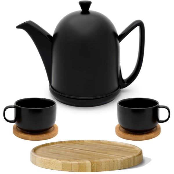 Bredemeijer schwarze Teekanne matt Keramik Set mit Teetassen inkl. Untersetzer & Kannenuntersatz braun 2