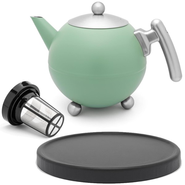 Bredemeijer doppelwandige grüne Edelstahl Teekanne 1.2 Liter mit Teefilter & Holzuntersetzer