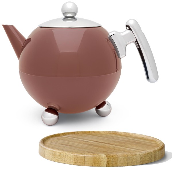 große rosa bauchige doppelwandige Edelstahl Teekanne 1.2 Liter & brauner Holzuntersetzer