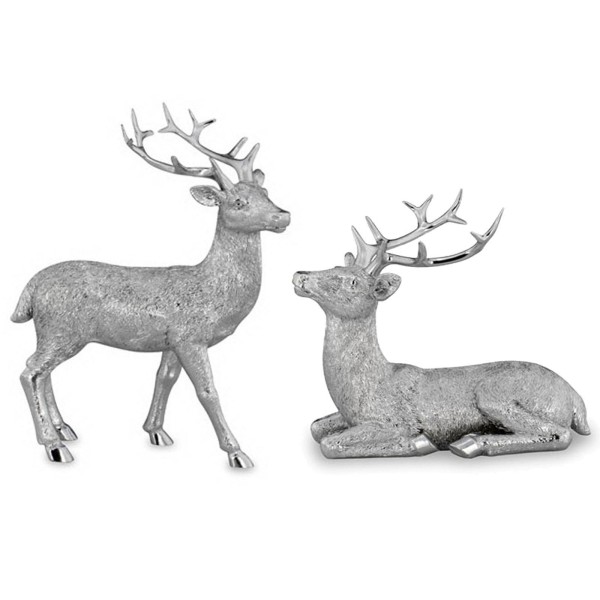 Hirsch Paar stehend & liegend 2-teilige Kunststein Deko Hirschfiguren in silberner Felloptik