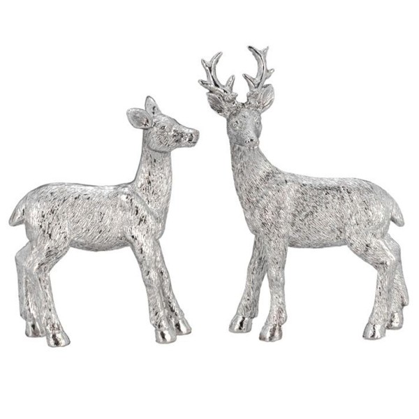 Deko Hirschfiguren Set 12,8 cm 2 Stück stehend versilberte Mini Hirsche mit Felloptik