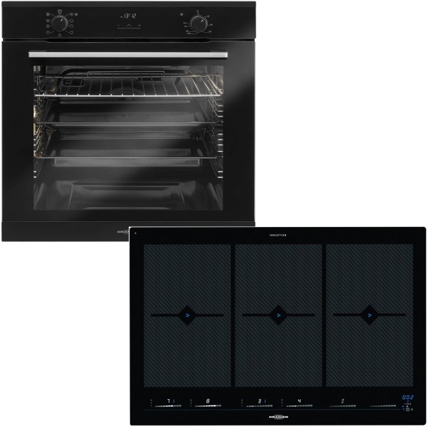 Oranier schwarzes Einbaubackofen Set & 80 cm breites Flächen Induktionskochfeld FLI 2088 bc