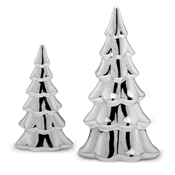 Deko Tannenbaum im 2er Set 20 & 15 cm hoch silberglänzende Bäume aus Porzellan
