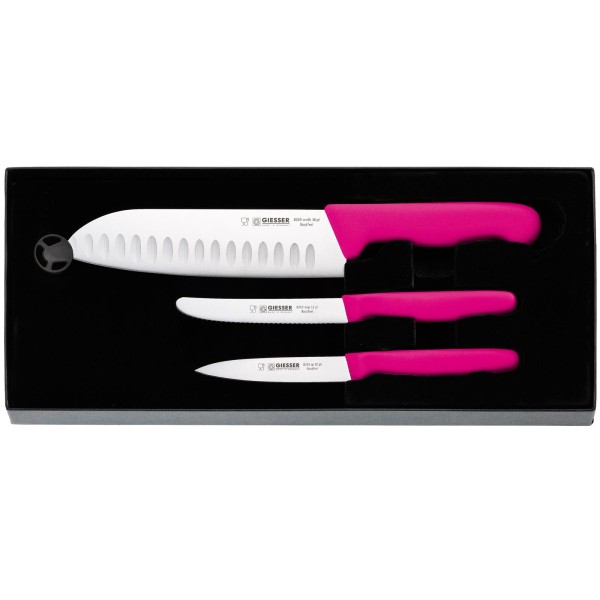 Giesser 3-tlg. Küchenmesser-Set pink mit Santoku Universalmesser & Gemüsemesser - Art.-Nr. 9852 pi