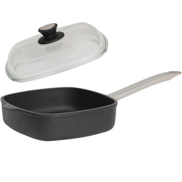 SKK Guss Schmorpfanne 26 cm Induktion hoher Rand eckig Antihaft & Edelstahlgriff Deckel Vollglas