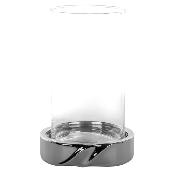 Fink großes Glas-Windlicht 25 cm Stumpenkerzenhalter Keramik-Sockel silberfarben - Art.-Nr. 128145