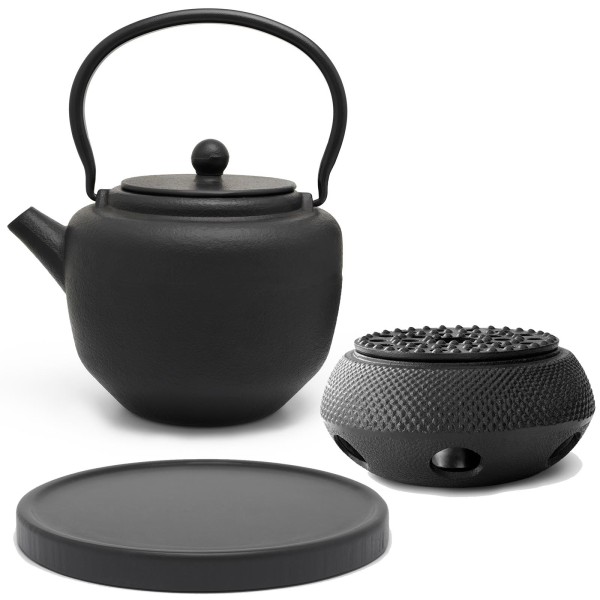 schwarzes asiatisches Guss Teekannen Set 1.3 Liter mit schwarzem Holzuntersetzer und Stövchen