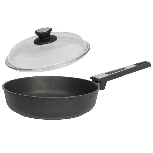 SKK Aluguss Schmorpfanne 24 cm Induktion Stielpfanne Pfanne hoher Rand Antihaft Deckel Vollglas