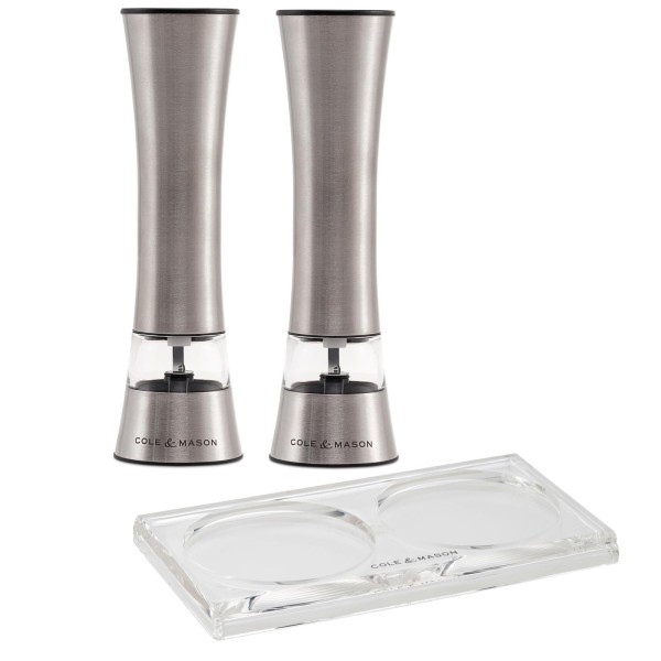 Cole & Mason 3-tlg. Edelstahl Gewürzmühlen Set 18 cm elektrisch für Salz & Pfeffer mit Acryl Tablett