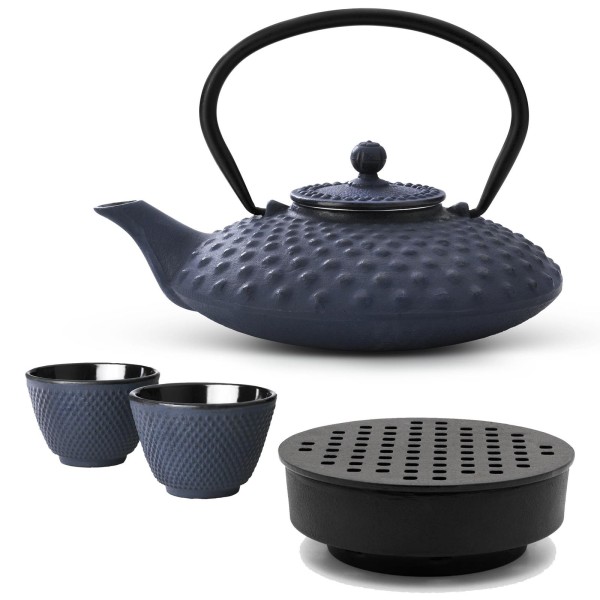 Bredemeijer blaues Gusseisen Teekannen Set 0.8 Liter - asiatischer Teebereiter mit Stövchen & Teebecher