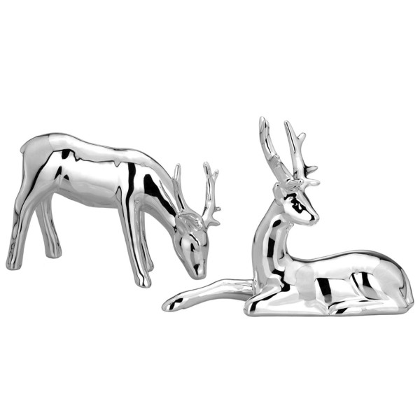 Rentier Porzellan Figuren im 2er Set liegend & stehend silbernes Deko Rentierpaar