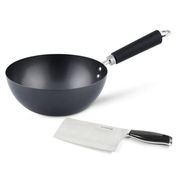 Ken Hom induktiver Wok 20 cm Antihaft Set Karbonstahl mit Phenol-Griff & Hackmesser 18 cm