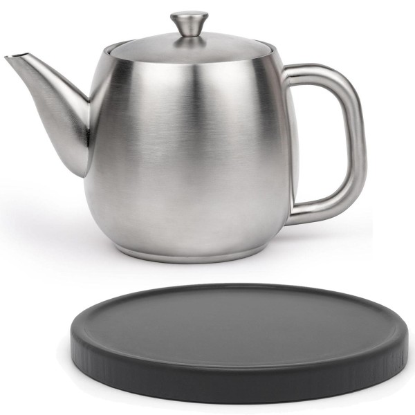 Bredemeijer Teekanne 0,9 Liter doppelwandig Edelstahl matt-silber Kanne mit Filter & Untersetzer schwarz