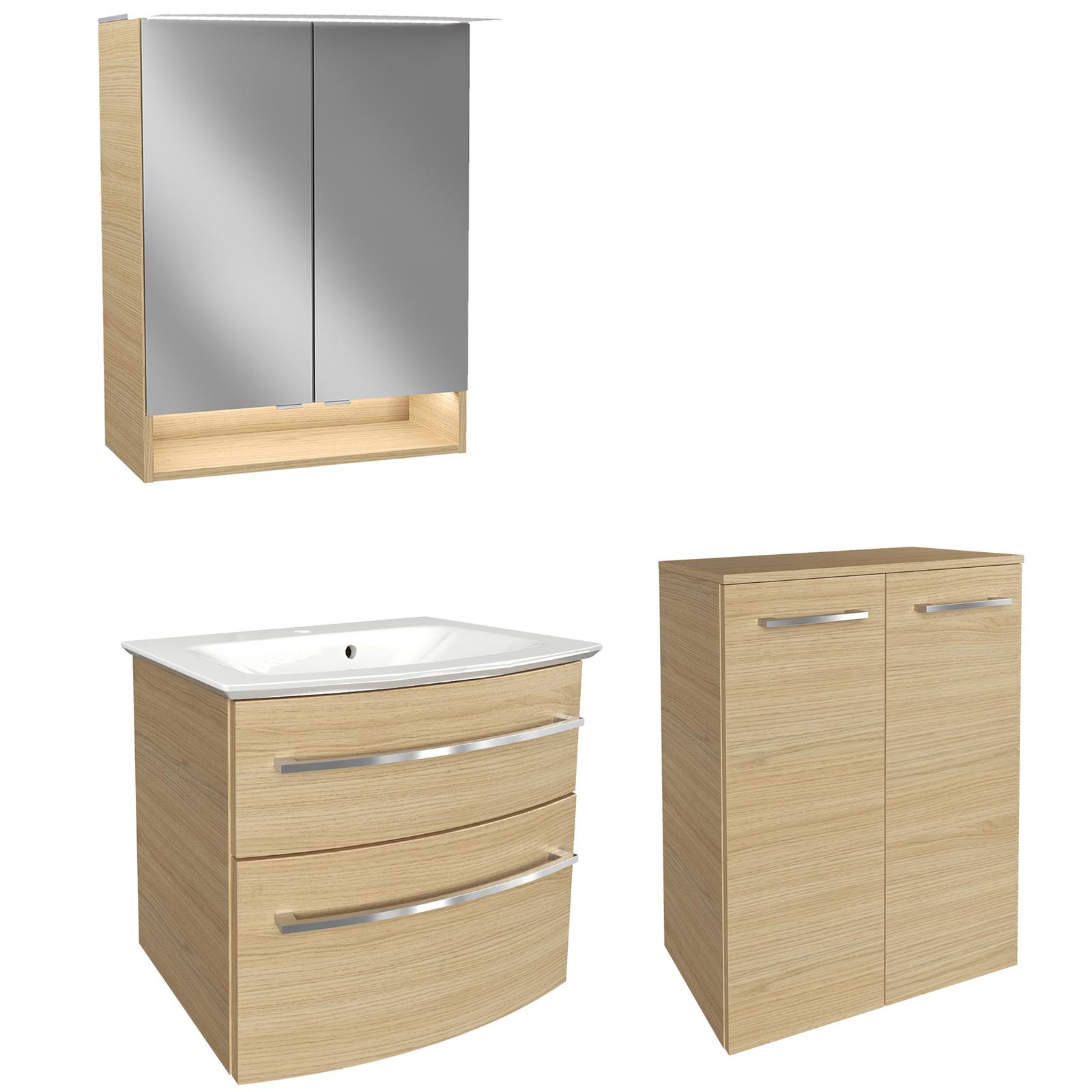 Fackelmann Badmöbel Set B.Style 4-tlg. braun Midischrank & Gussbecken & LED Spiegelschrank  60 cm | MM-ComSale