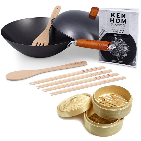 Ken Hom 14-tlg. Wok Set 31 cm mit Holzgriff Antihaft Karbonstahl & Zubehör - ohne Induktion