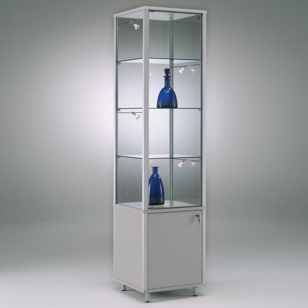 exklusive Glas-Standvitrine 50 cm abschließbar mit Unterschrank mit LED-Beleuchtung ohne Spiegelrückwand / auf Rollen