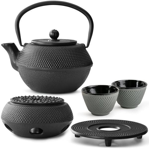 Bredemeijer Guss Teekannen Set 1.1 Liter schwarz mit grünen Bechern, Untersetzer & Stövchen 2