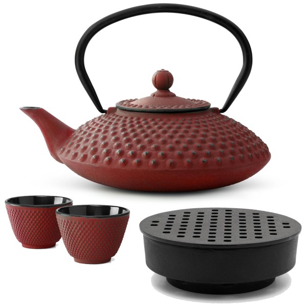 Bredemeijer rotes Gusseisen Teekannen Set 1.25 Liter - asiatischer Teebereiter mit Stövchen & Teebecher