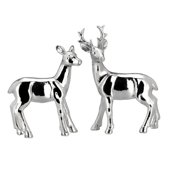 Deko Hirsch-Paar 12,5 cm stehend 2 Stück versilberte Tierfiguren aus Kunststein im Set
