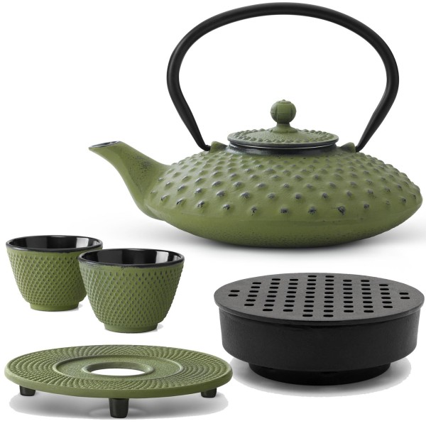 Bredemeijer grünes Asia Gusseisen Teekannen Set 0.8 Liter - Teebereiter mit Stövchen & Untersetzer & Teebecher