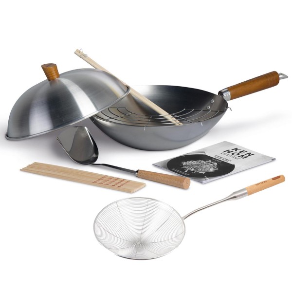 Ken Hom 11-tlg. Wok Set 31 cm unbeschichteter Karbonstahl inkl. Schaumkelle - ohne Induktion