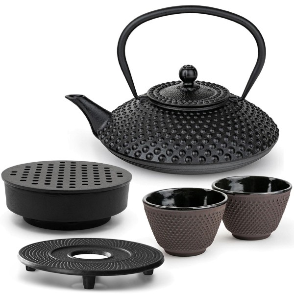 Bredemeijer Gusseisen Teekannen Set 1.25 Liter schwarz mit lila Bechern, Untersetzer & Teewärmer 2