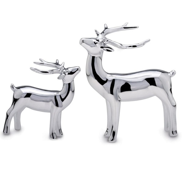 Silbernes Deko Rentier Paar stehend 2-teiliges Figuren Set aus Porzellan