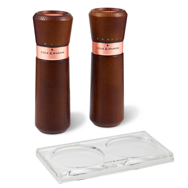 Cole & Mason 3-tlg. Gewürzmühlen Set Salz & Pfeffer 18.5 cm dunkles Eschenholz mit Acryl Tablett